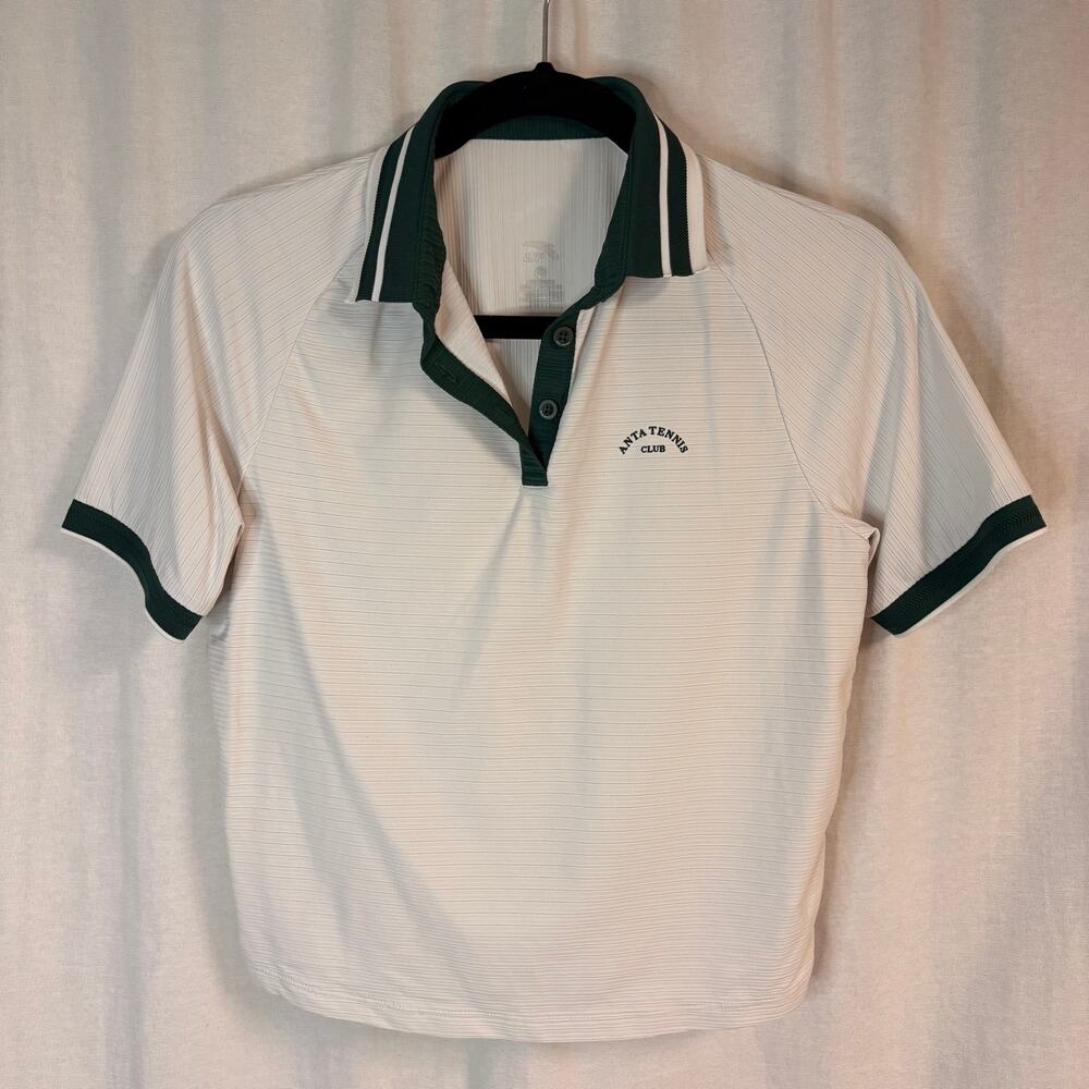 Anta Tennis Club Ribbed Polo Shirt White Green Athletic Golf Top Women's M